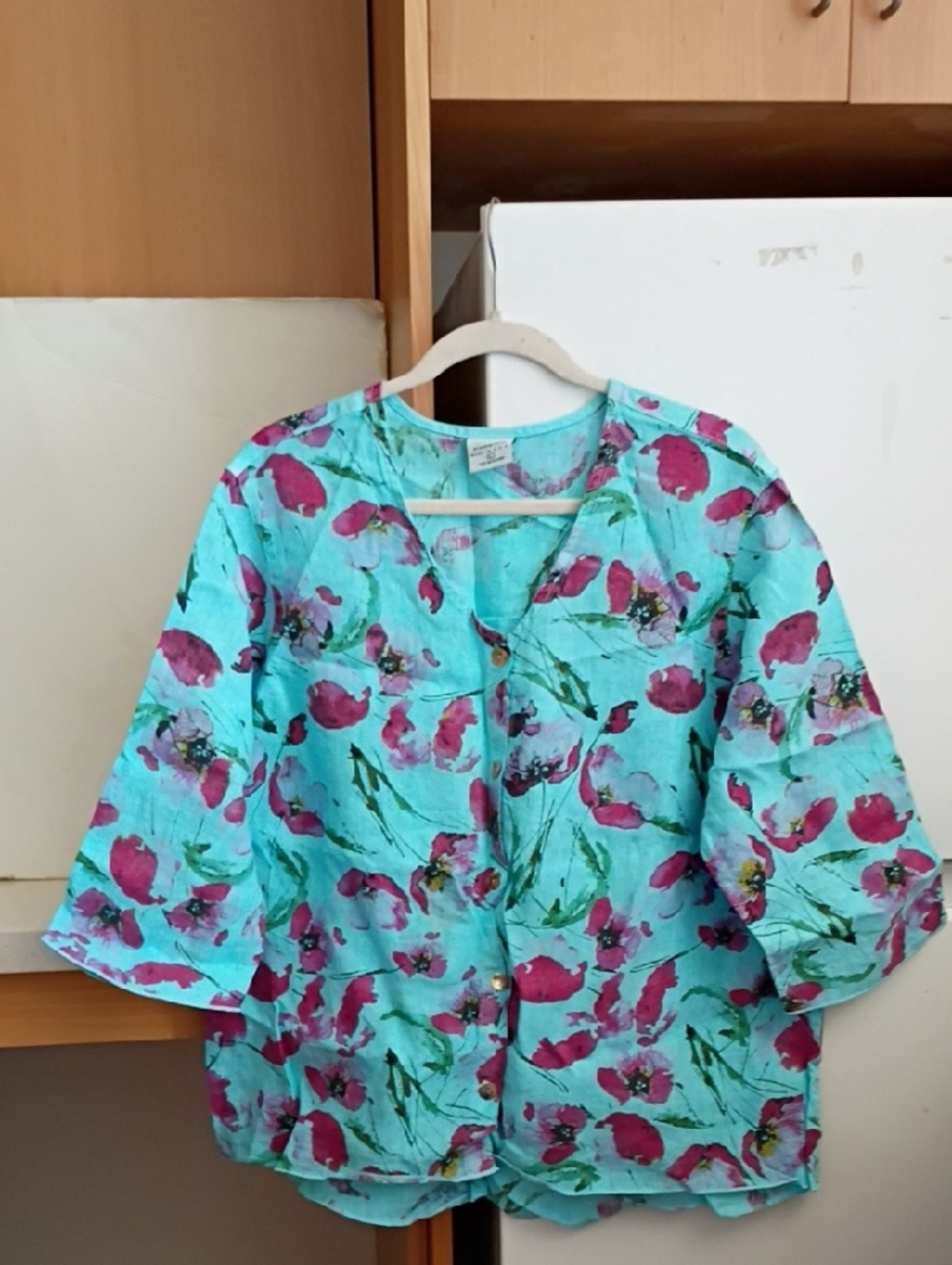 CMC Linen Floral Button Front Shirt Blouse sz L Made In USA
